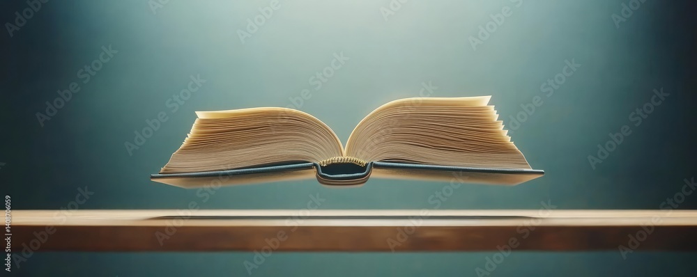 Poster books floating in the air as part of a float and education concept. an open book levitating above a 