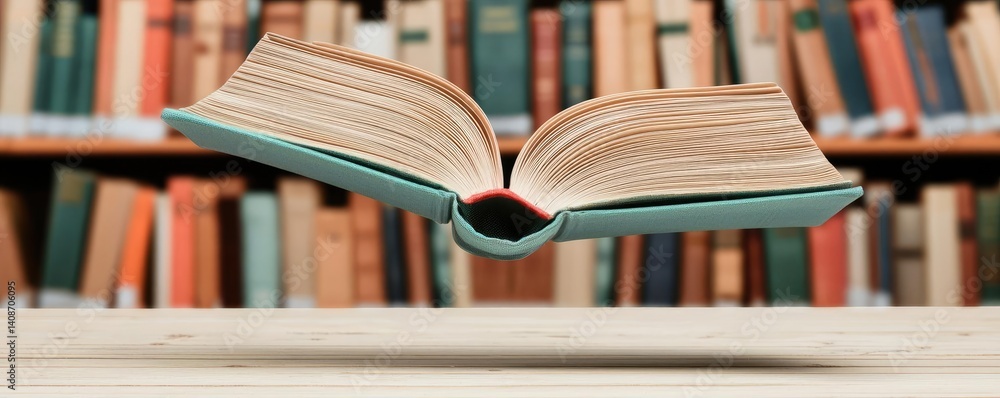 Aufkleber books floating in the air in a literature and reading concept. floating book in a library, represent