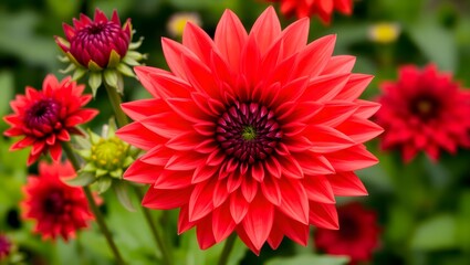 Obraz premium Red dahlia flower bloom blossom floral petal garden nature plant close up vibrant beauty botanical photography