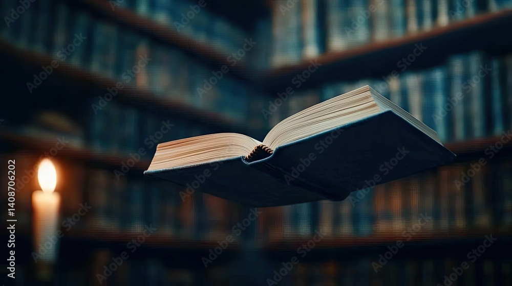 Poster books floating in the air in a literature and reading concept. a mysterious book floating in a dimly
