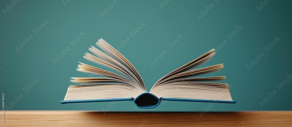Poster books floating in the air as part of a float and education concept. an open book rests elegantly on 