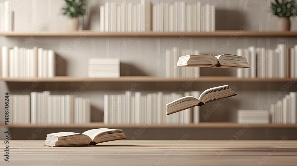 Poster books floating in the air on reading and shelf concept. floating books above a table, surrounded by 