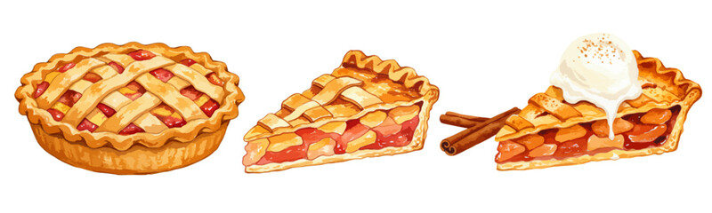 リンゴパイの水彩風イラスト シナモンとアイスクリームと林檎のスイーツ ケーキタルト