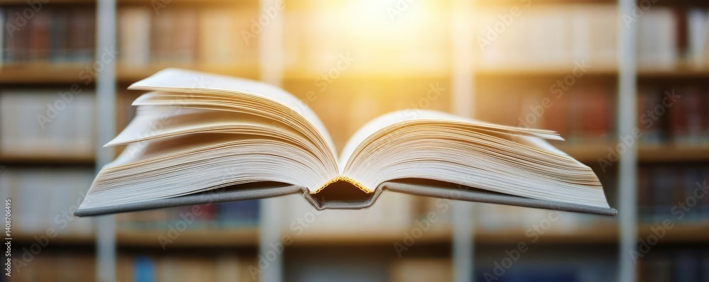 Aufkleber books floating in the air on reading and shelf concept. an open book with glowing light, symbolizing