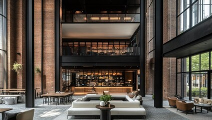 Luxury Hotel Lobby Interior Design: Modern Brick and Steel Architecture