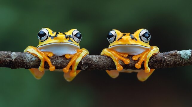 Two tiny frogs on a branch