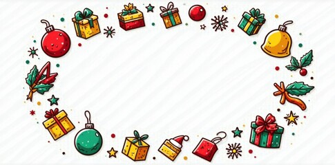 Colorful doodle-style holiday icons adorn a white background in a circular wreath shape , holly, wreath, holiday