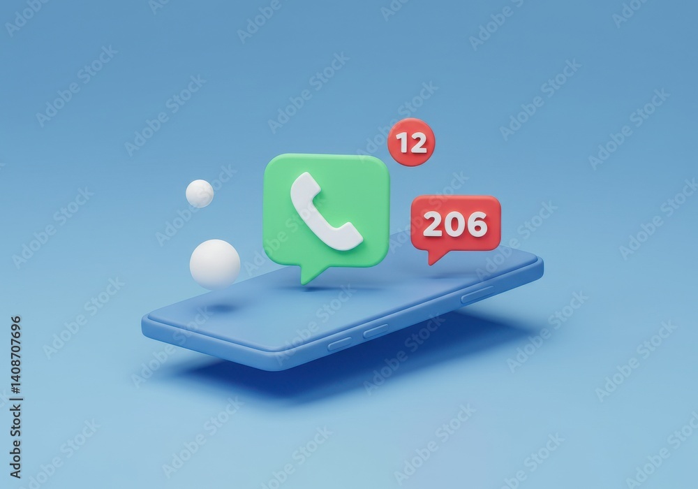 Poster smartphone with notifications and call icon on a blue background in a rendered illustration