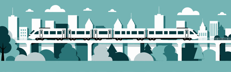 Obraz premium A_modern_cityscape_with_a_train_on_a_bridge,_rendered_in_a_stylized_paper-cut_style_with_various_shades_of_teal_and_white_buildings_and_foliage