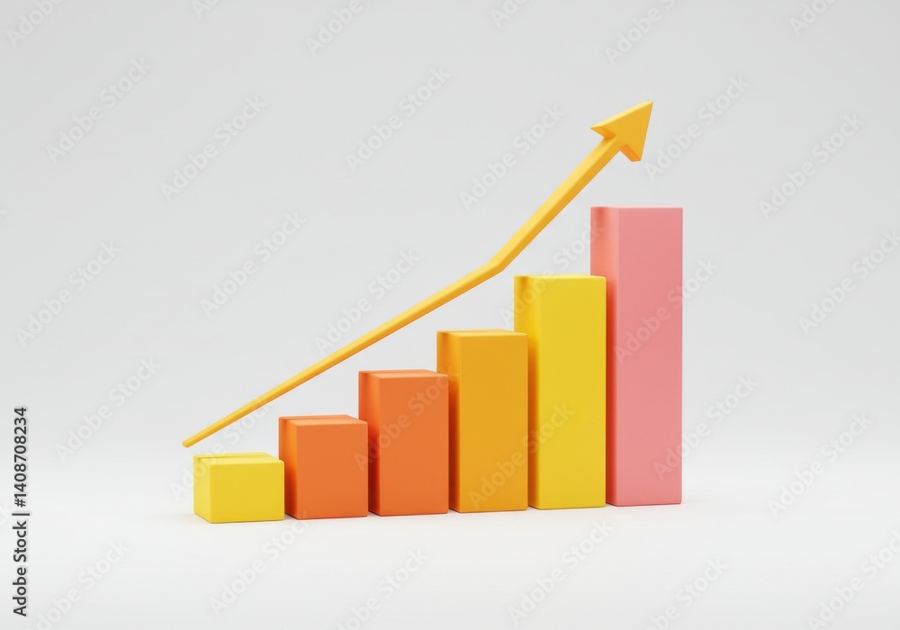 Poster a colorful bar graph with an arrow pointing upwards on a plain white background showing growth