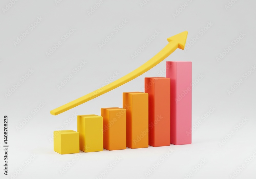 Poster colorful bar graph with yellow arrow showing upward trend on a white background render