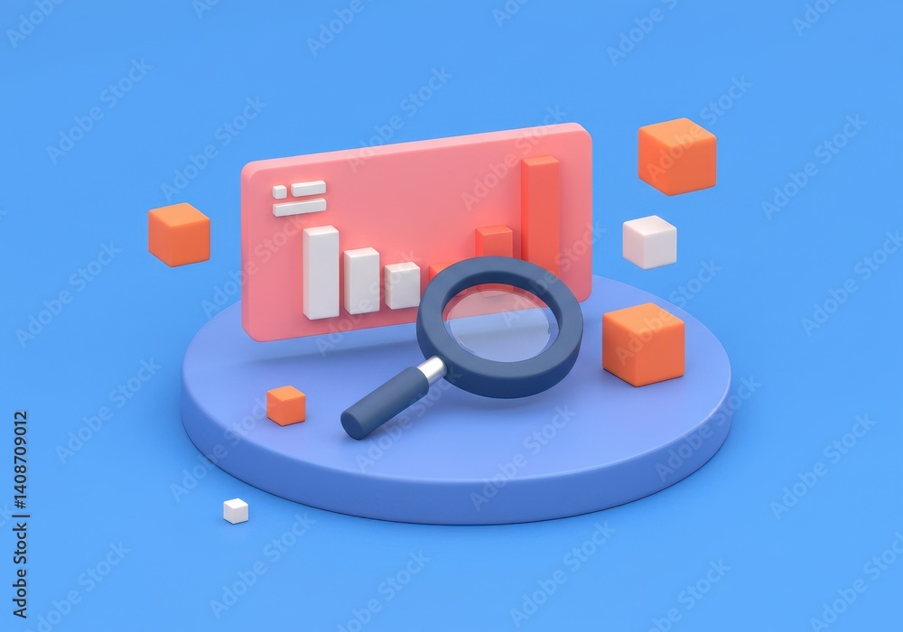 Aufkleber isometric data analysis concept with magnifying glass and graph on blue background design 3d
