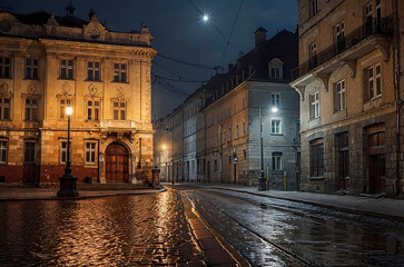 Fototapeta premium Eastern European soviet city street at night