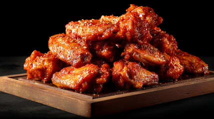 Chicken wings stacked on tray with spicy glaze shining