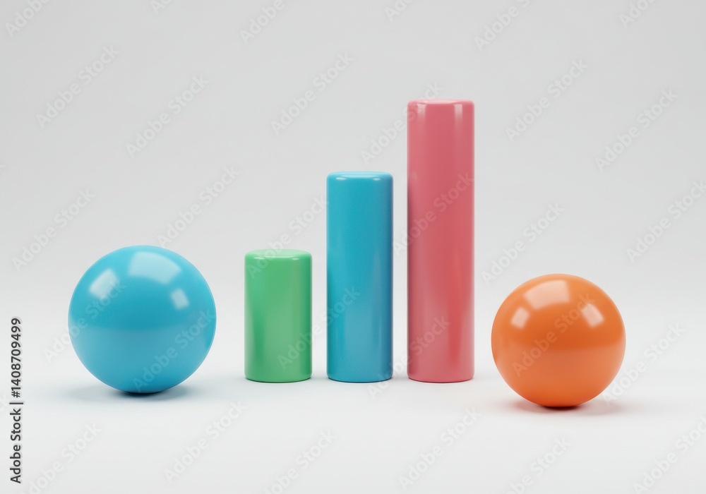 Poster colorful geometric shapes arranged in a row on a white background for a playful composition