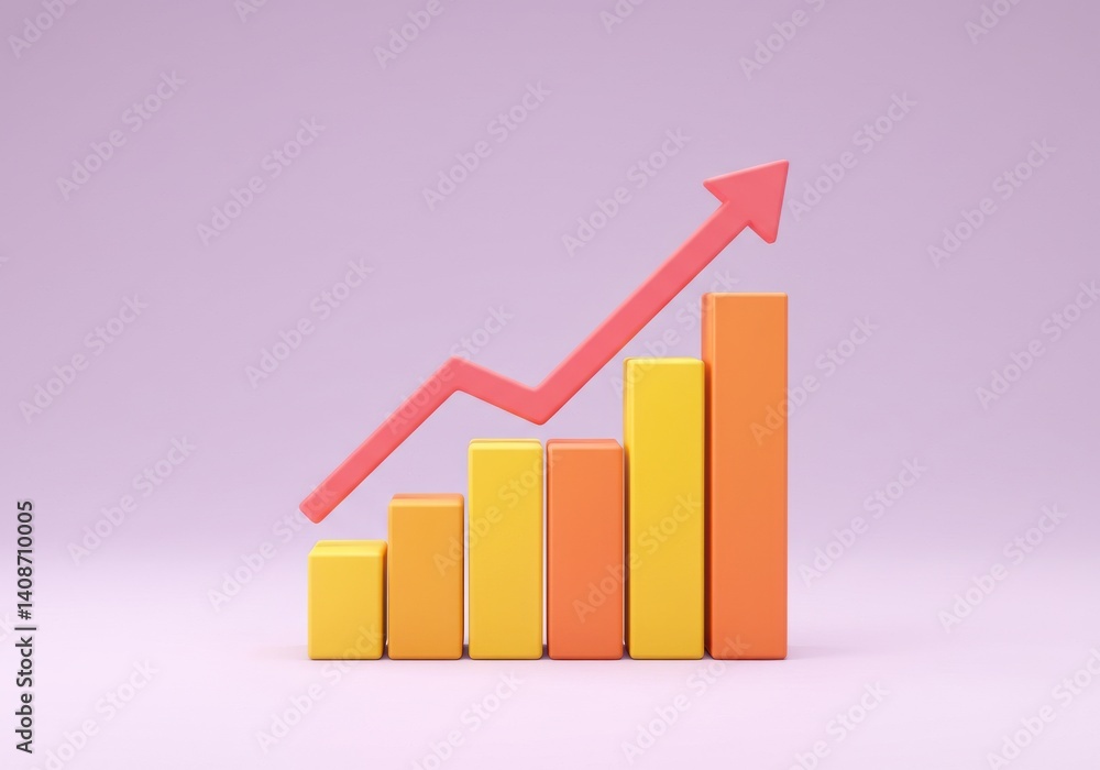 Poster a bar graph with yellow and orange bars and a red arrow pointing upwards on a light purple backgroun