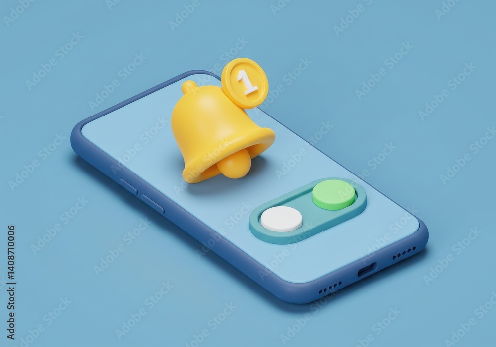 Aufkleber a stylized phone with a notification bell and two circular buttons on a blue background scene
