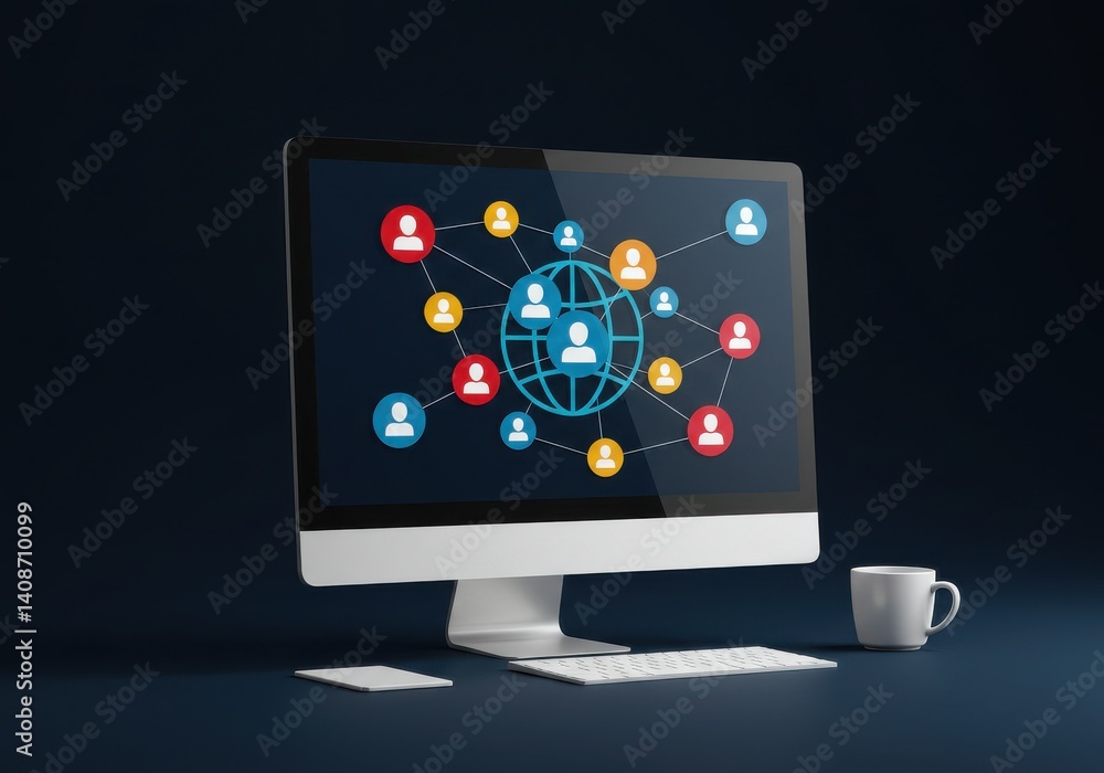 Poster computer display showing network of people connected to a globe on a dark blue background