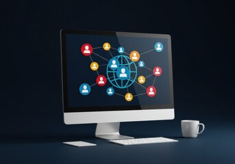 Computer display showing network of people connected to a globe on a dark blue background