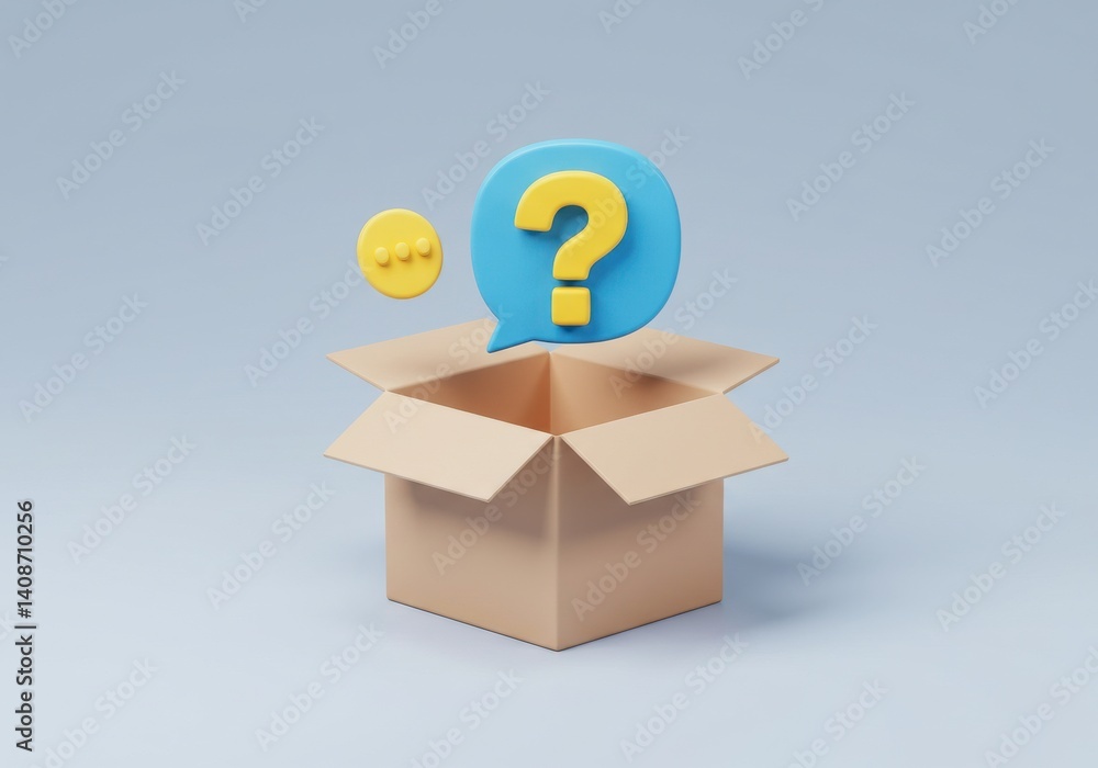 Poster a cardboard box with a question mark speech bubble and a thought bubble on a light blue background