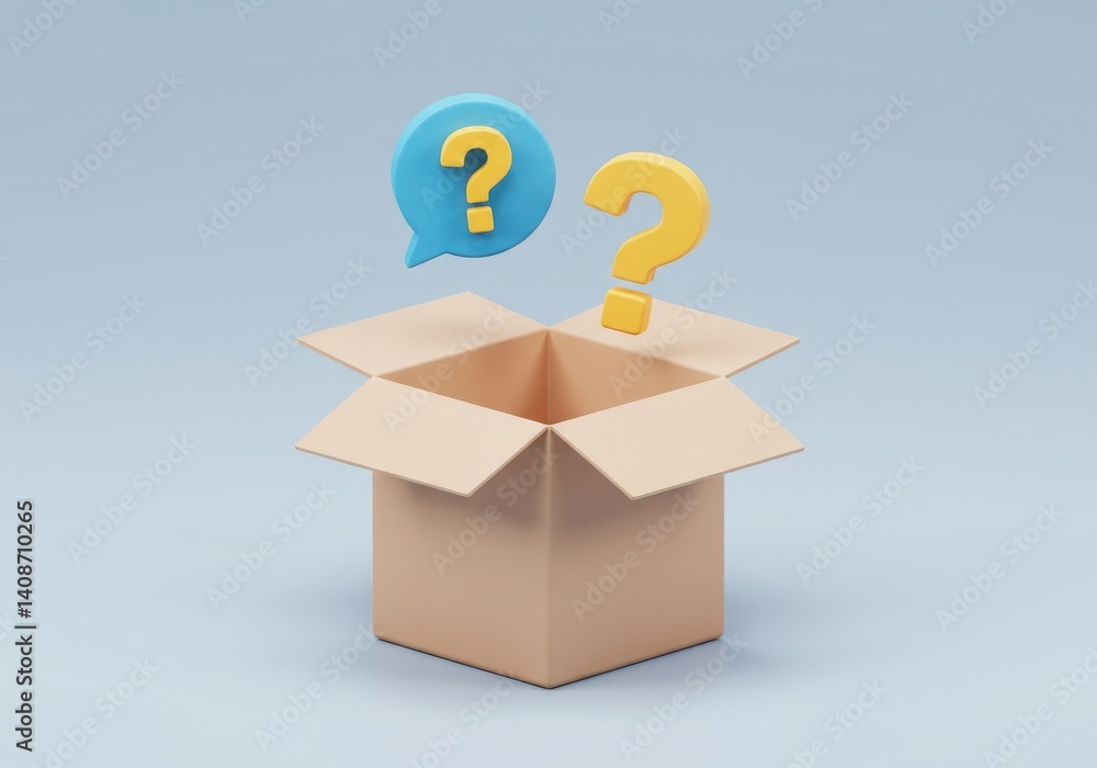 Aufkleber open cardboard box with yellow question mark and blue question mark speech bubble floating above it