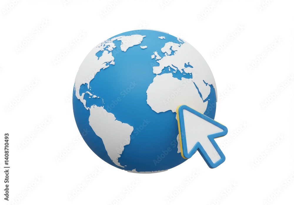 Poster globe with continents and a white cursor pointing at africa on a white background isolated