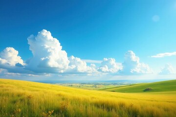 Blue sky with large white cloud formations floating gently over vast open fields and rolling hills, serene, landscape, countryside