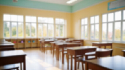 Beautiful blurred background of bright classroom and study room with panoramic windows and beautiful lighting. Blurred Empty school background.