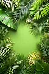 Lush Green Tropical Palm Leaves Frame Background