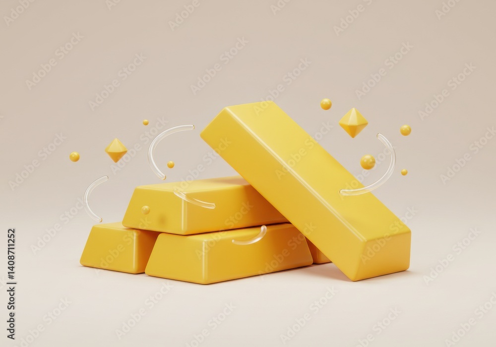 Poster a stack of three gold bars with floating shapes on a cream colored background in a studio shot