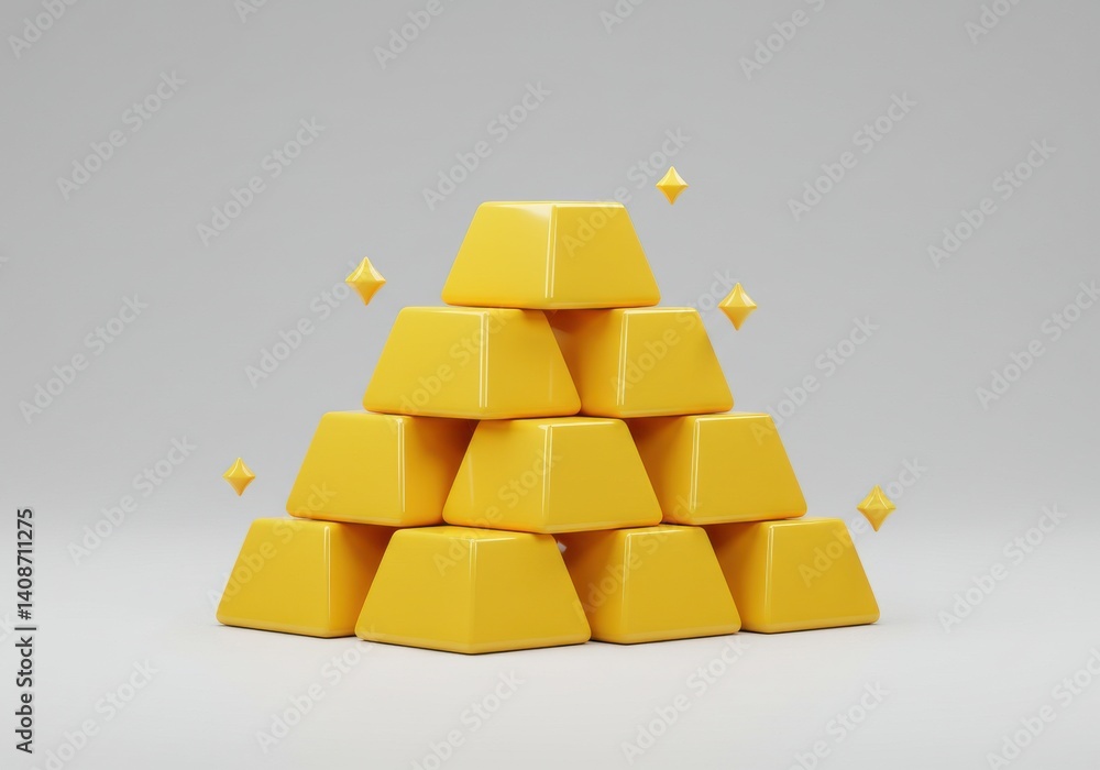 Poster a pyramid of shiny gold bars stacked high with small stars floating around on a light gray backgroun
