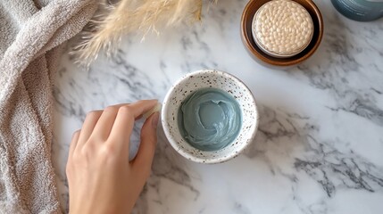 Woman's hand reaching for a bowl of grey face mask on marble.