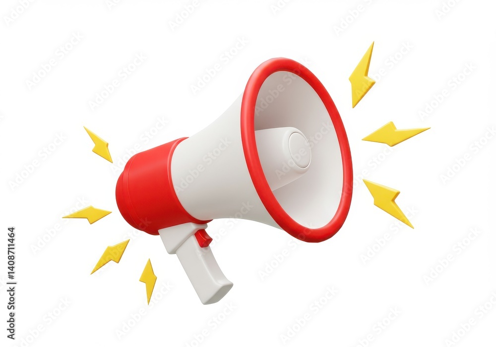 Poster isolated rendering of a red and white megaphone with yellow sound waves on a white background