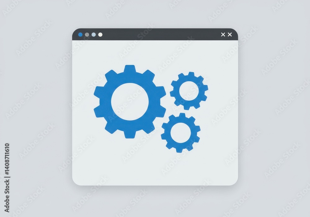 Poster illustration of a settings window with three blue gears on a light gray background color scheme