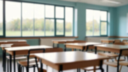 Beautiful blurred background of bright classroom and study room with panoramic windows and beautiful lighting. Blurred Empty school background.