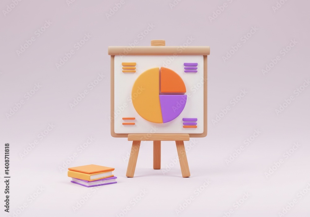 Poster presentation board with pie chart and books in a stylized render against a light background