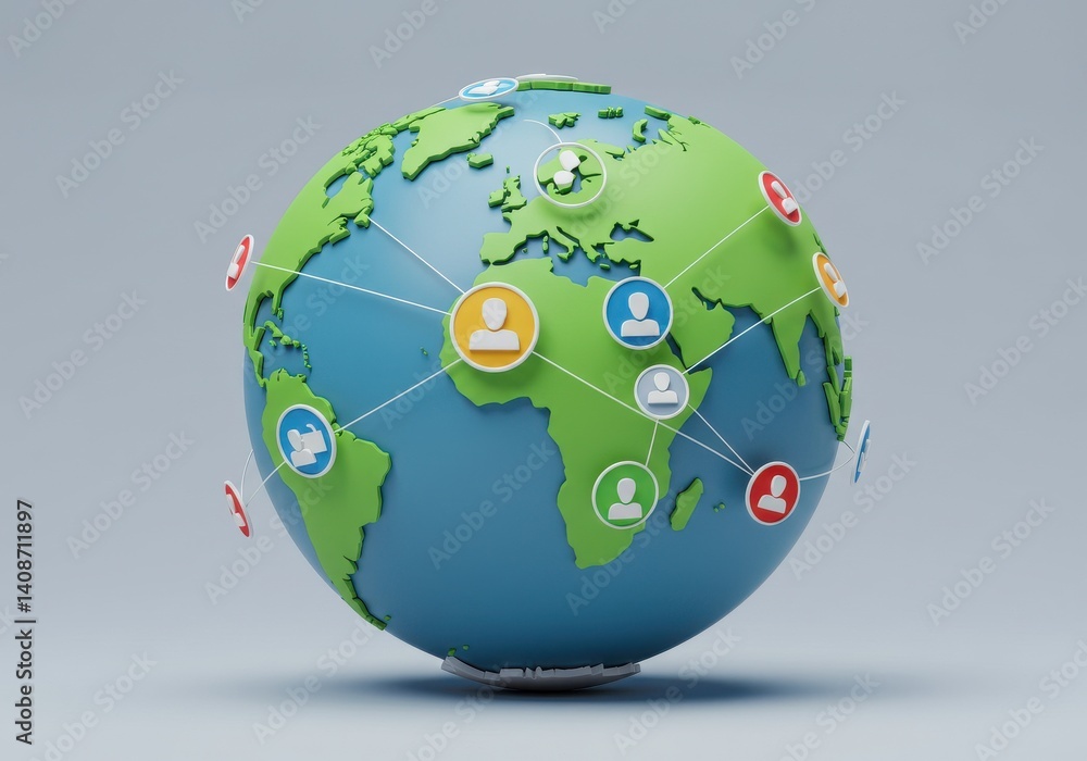 Poster a globe with continents and social media icons connected by lines representing global communication