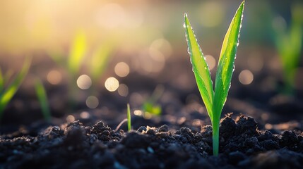 A macro shot of young green wheat sprouting from rich brown soil