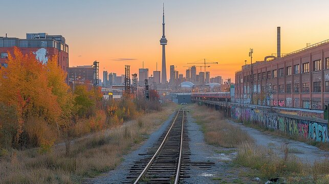 Urban railway track at sunset