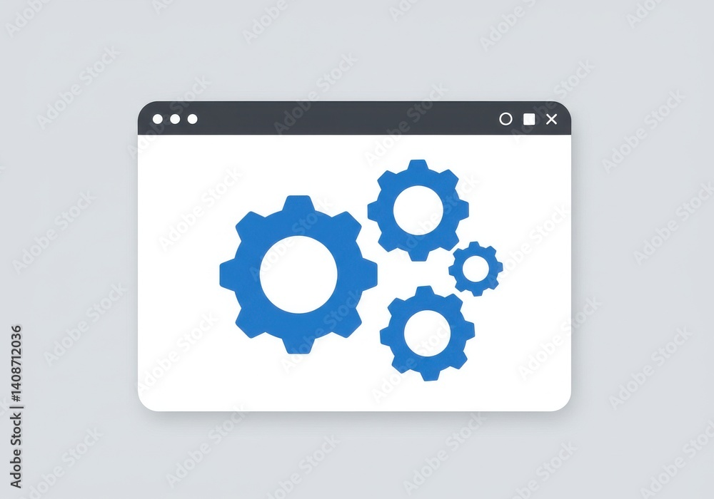 Poster blue gears inside a window frame on a light gray background representing settings and configuration