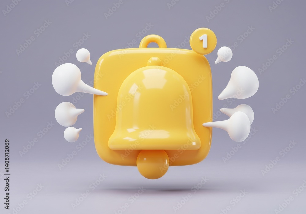 Poster yellow notification bell with a number one and white puffs on a light gray background render