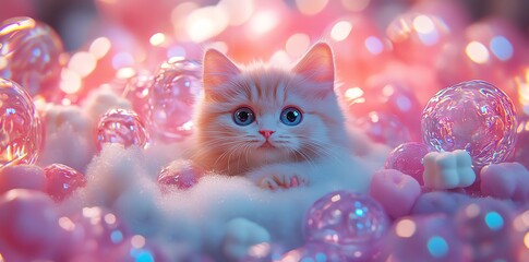Adorable Kitten in a Dreamy Pink Bubble Bath: A Whimsical Artwork