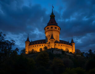 Obraz premium Illuminated Castle at Twilight Majestic Building with Tower