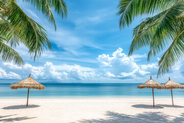 Tropical Beach Scene With Palm Trees And Umbrellas
