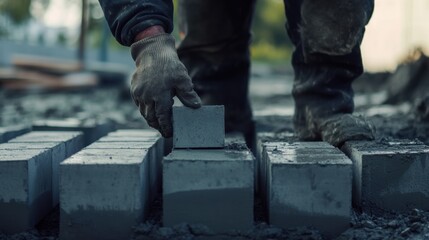 A construction worker aligning concrete blocks for a foundation wall. Featuring strength and precision