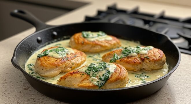 Pan-Seared Chicken Breasts in Creamy Herb Sauce with Spinach on a Cast Iron Skillet