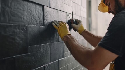 A construction worker aligning tiles on the wall at a job site. Featuring focus and craftsmanship