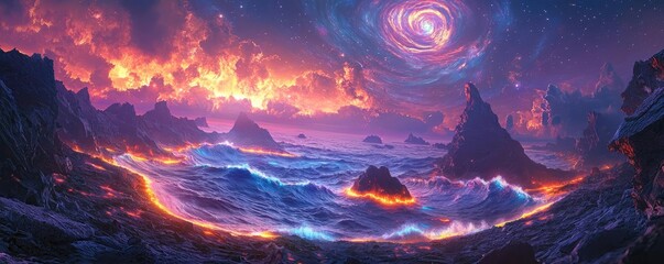 Fototapeta premium Landscape of alien planet inside a universe and fiction cosmos concept. A stunning view of a fiery sea at dusk, with vibrant colors and waves.