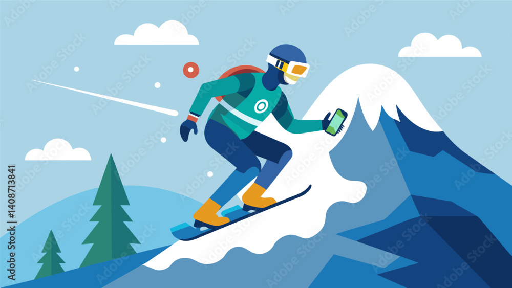 Poster a snowboarder riding down a mountain with sensors in their gear tracking their speed jumps and turns