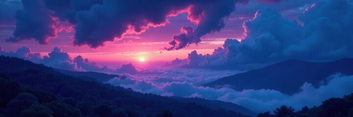 Fototapeta premium Deep indigo canvas, heavy stratus blanket, vibrant twilight hues , panorama, cloud, rich